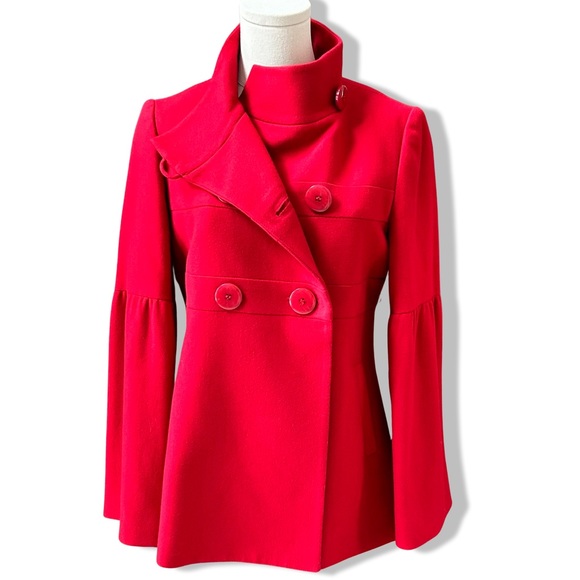 Women's Periphery Red Pea Coat with Dramatic Long Bell Sleeves in Size 6 - Picture 8 of 14